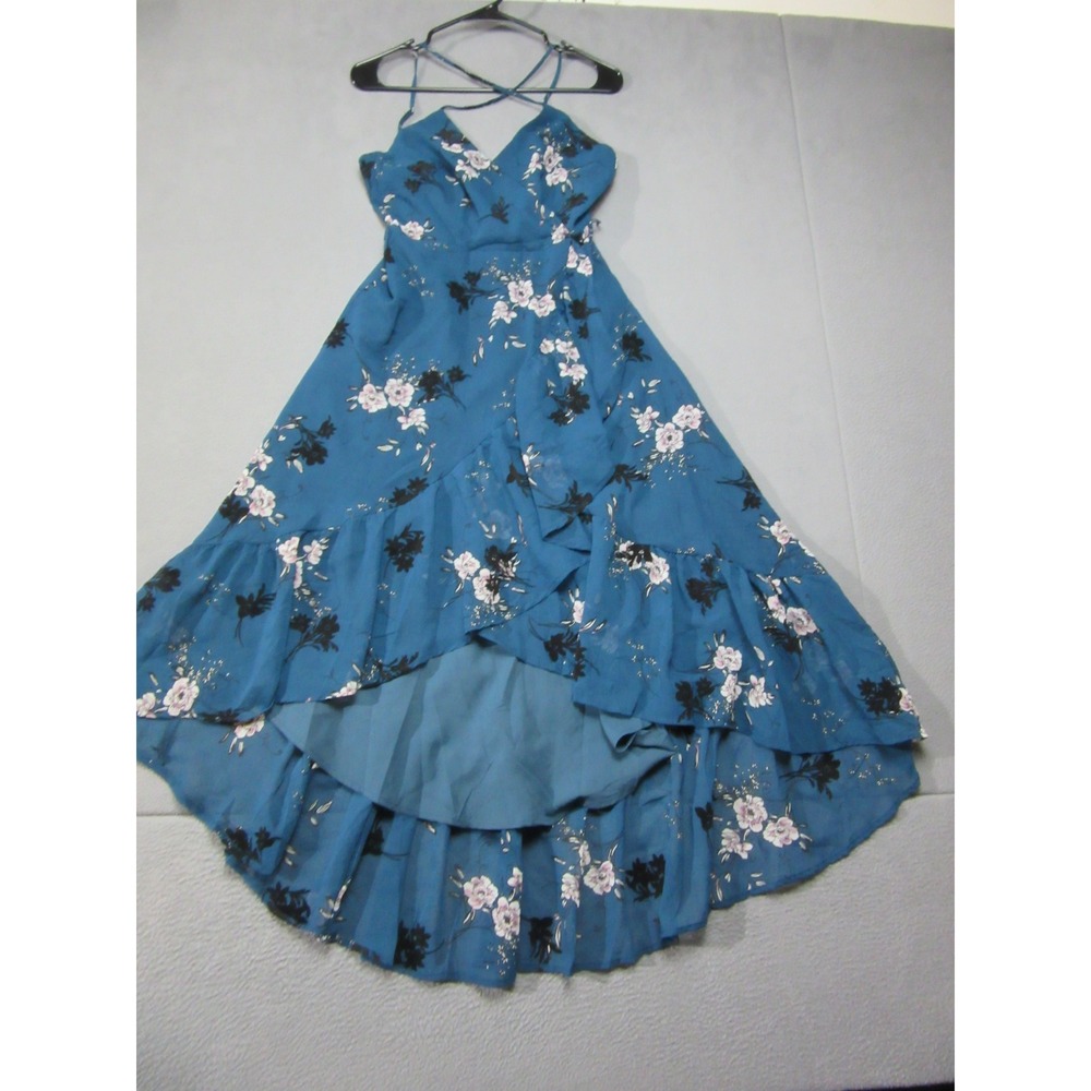 Lulus Dress Womens Small Teal Blue Floral Pink High Low Maxi Chiffon Flowy